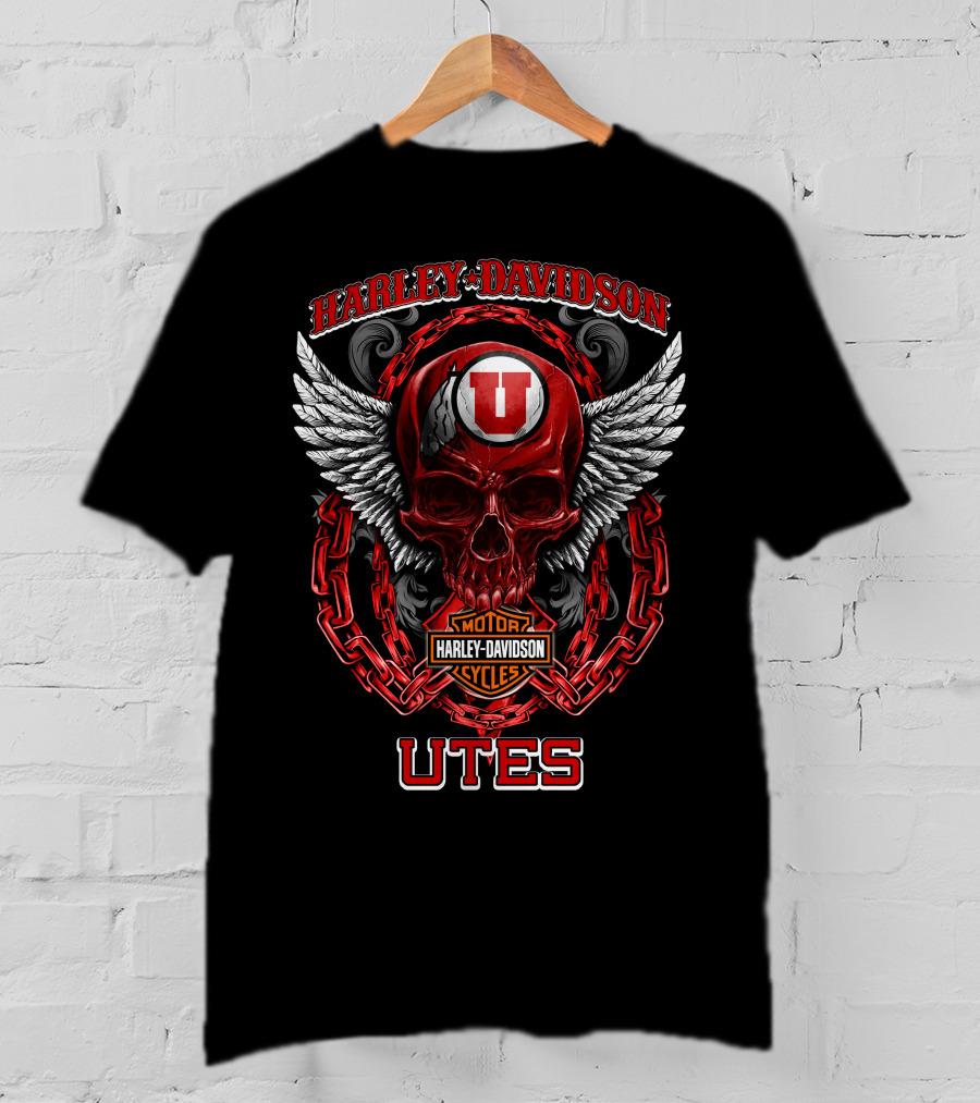 Harley Davidson Utah Utes Red Skull Wings Chains T-Shirt