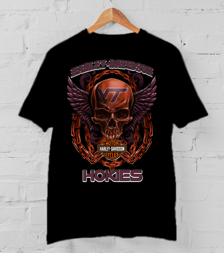 Harley Davidson Vt Motorcycles Hokies Skull Chain Wings T-Shirt