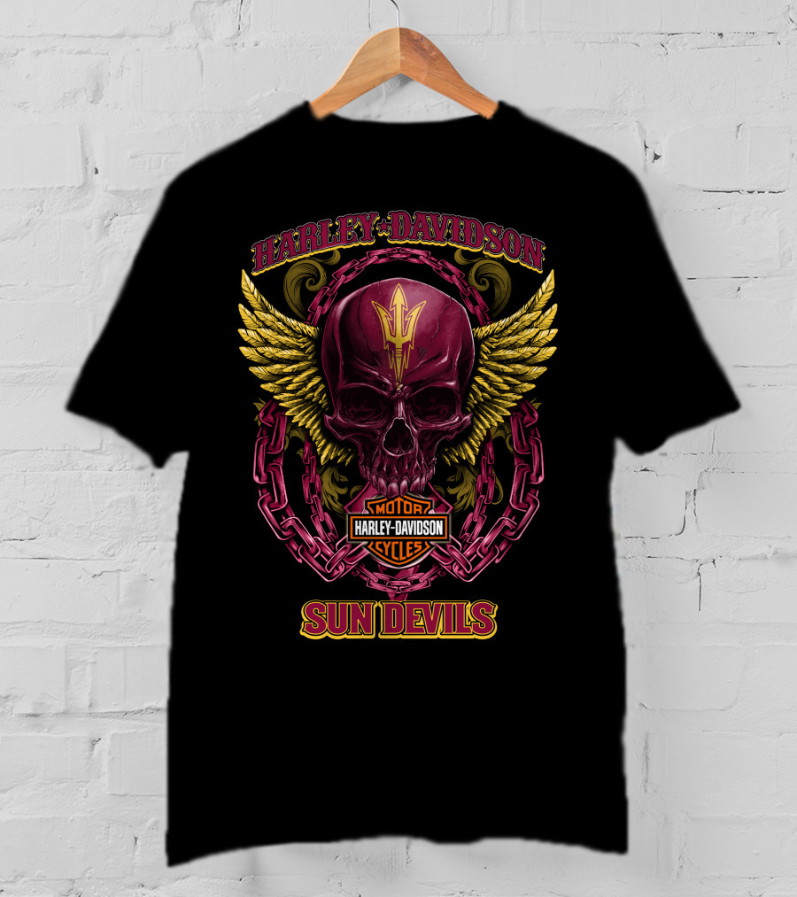 Harley Davidson Arizona State Sun Devils Motorcycles Skull With Wings T-Shirt