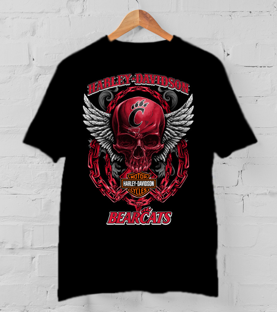 Harley Davidson Motor Cycles Cincinnati Bearcats Skull With Wings And Chains T-Shirt