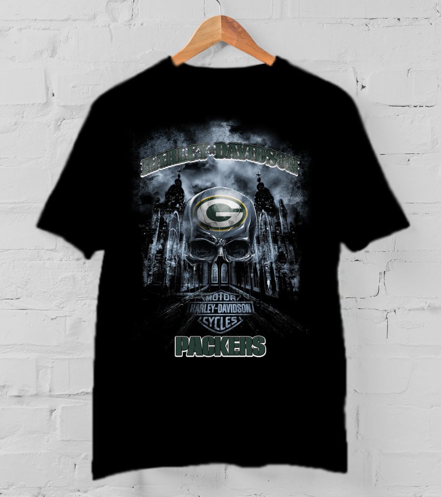 Harley Davidson Green Bay Packers Nfl Motor Cycles Skull T-Shirt
