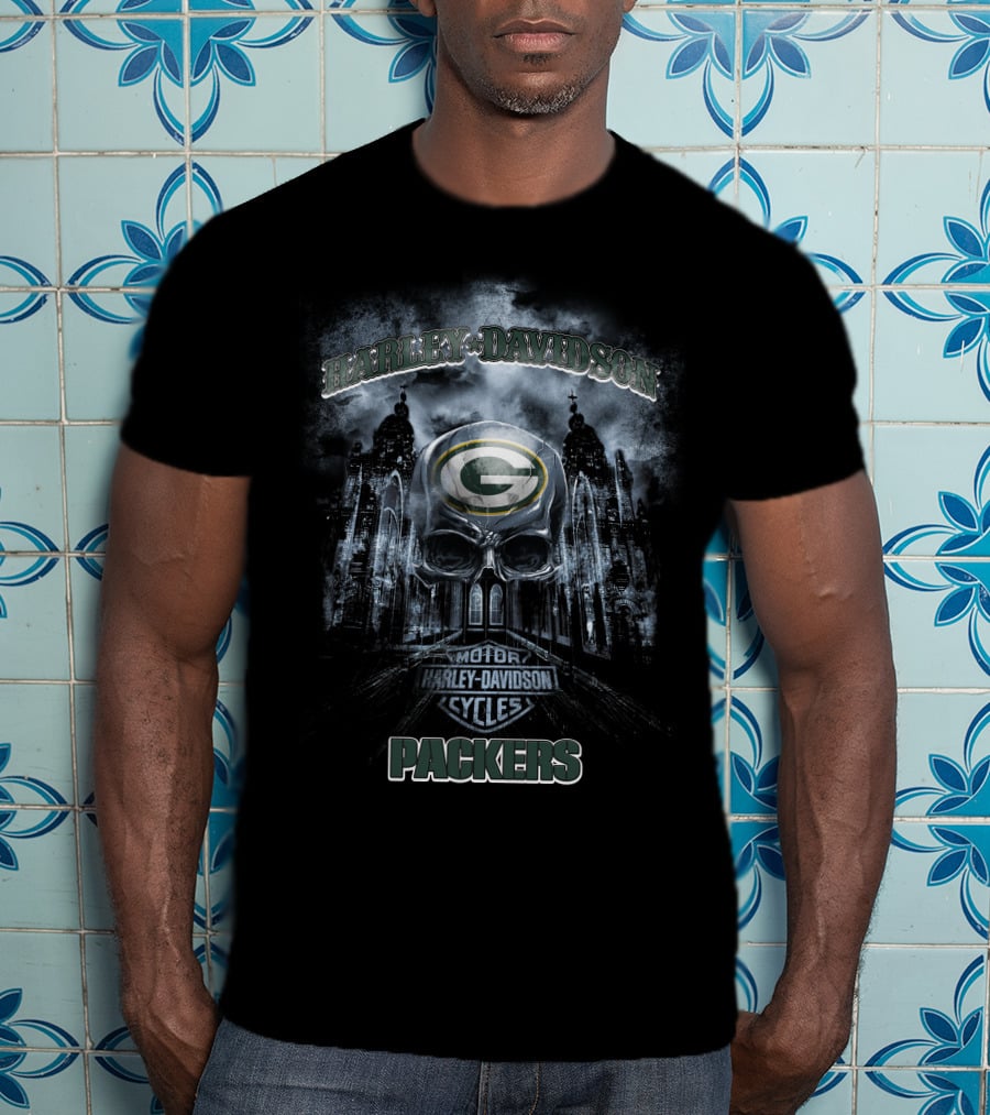 Harley Davidson Green Bay Packers Nfl Motor Cycles Skull T-Shirt