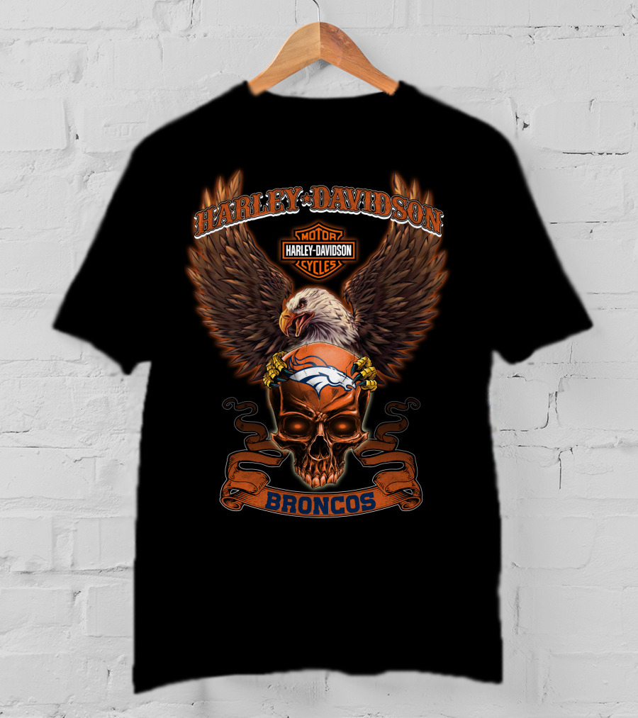 Harley Davidson Motor Cycles Eagle Skull Denver Broncos T-Shirt