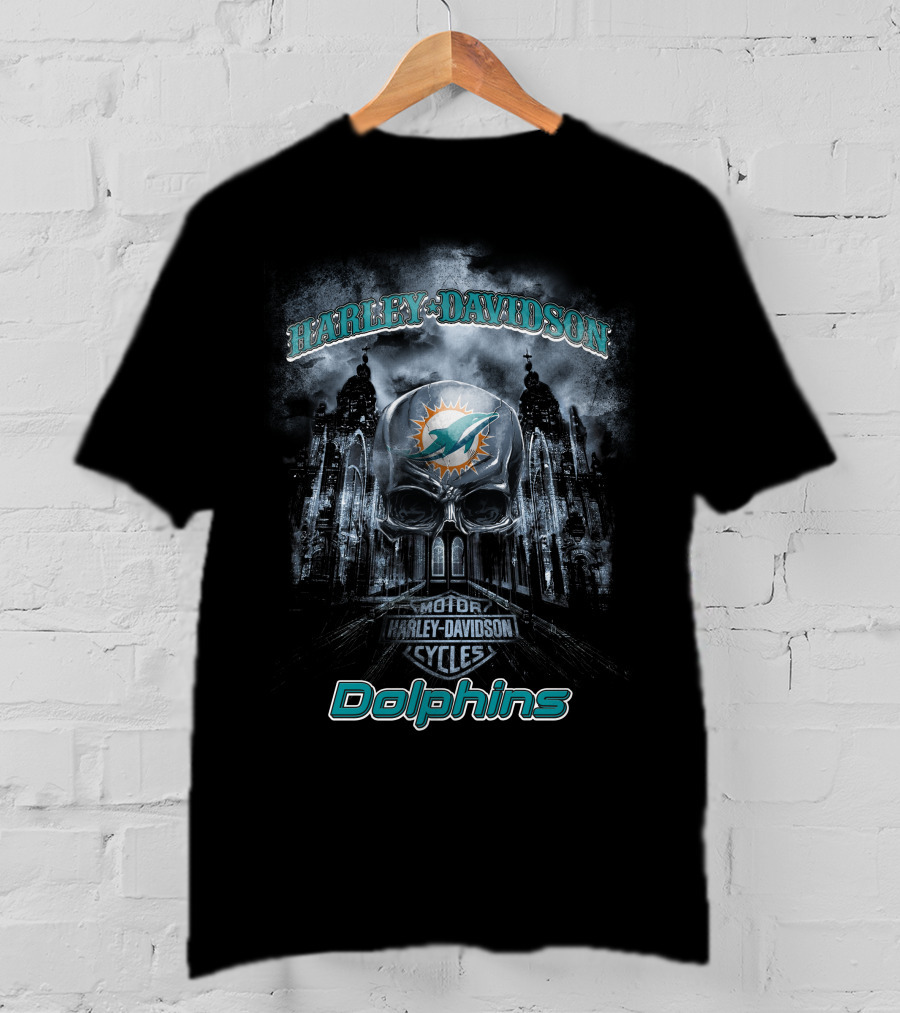 Harley Davidson Miami Dolphins Nfl Skull Motor Cycles T-Shirt