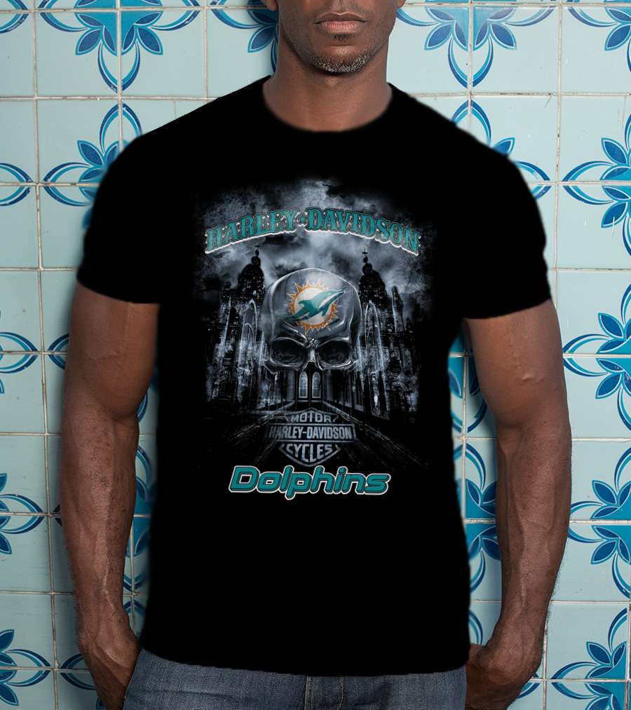 Harley Davidson Miami Dolphins Nfl Skull Motor Cycles T-Shirt