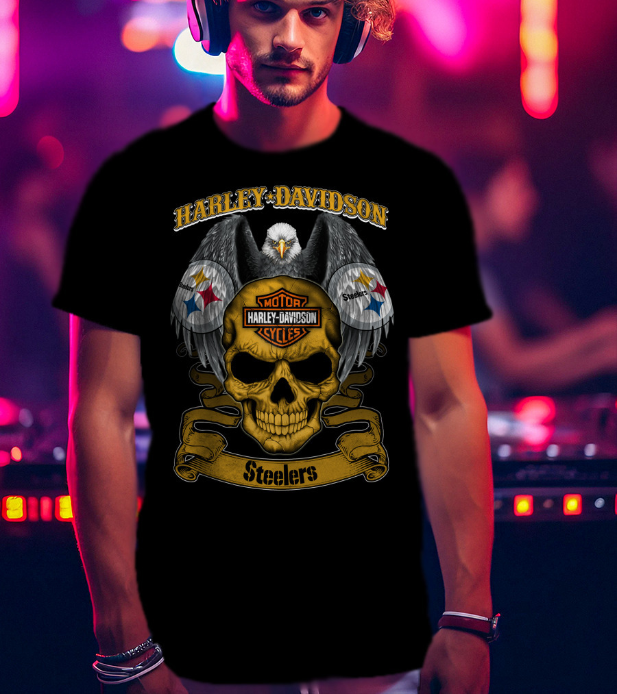 Harley Davidson Motor Cycles Pittsburgh Steelers Eagle Skull T-Shirt
