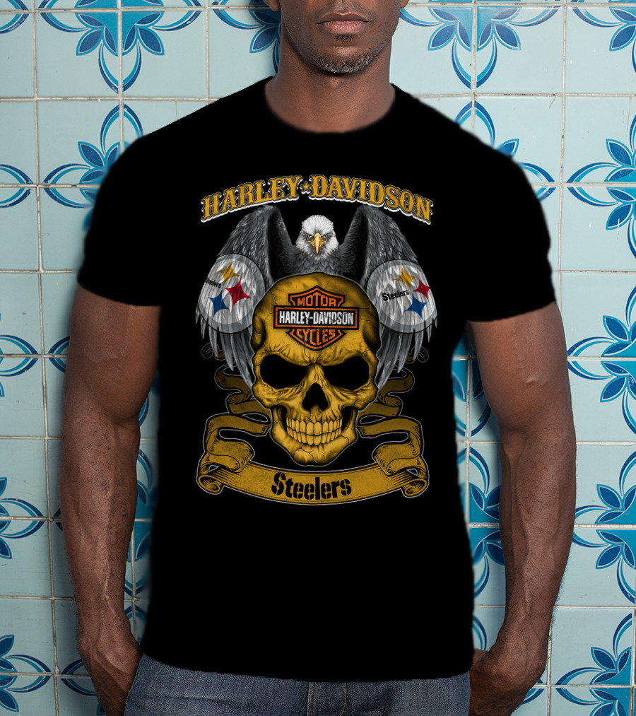 Harley Davidson Motor Cycles Pittsburgh Steelers Eagle Skull T-Shirt