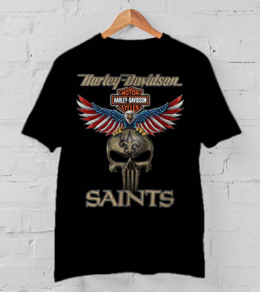 Harley Davidson Motor Cycles Eagle Skull Fleur-De-Lis Saints T-Shirt