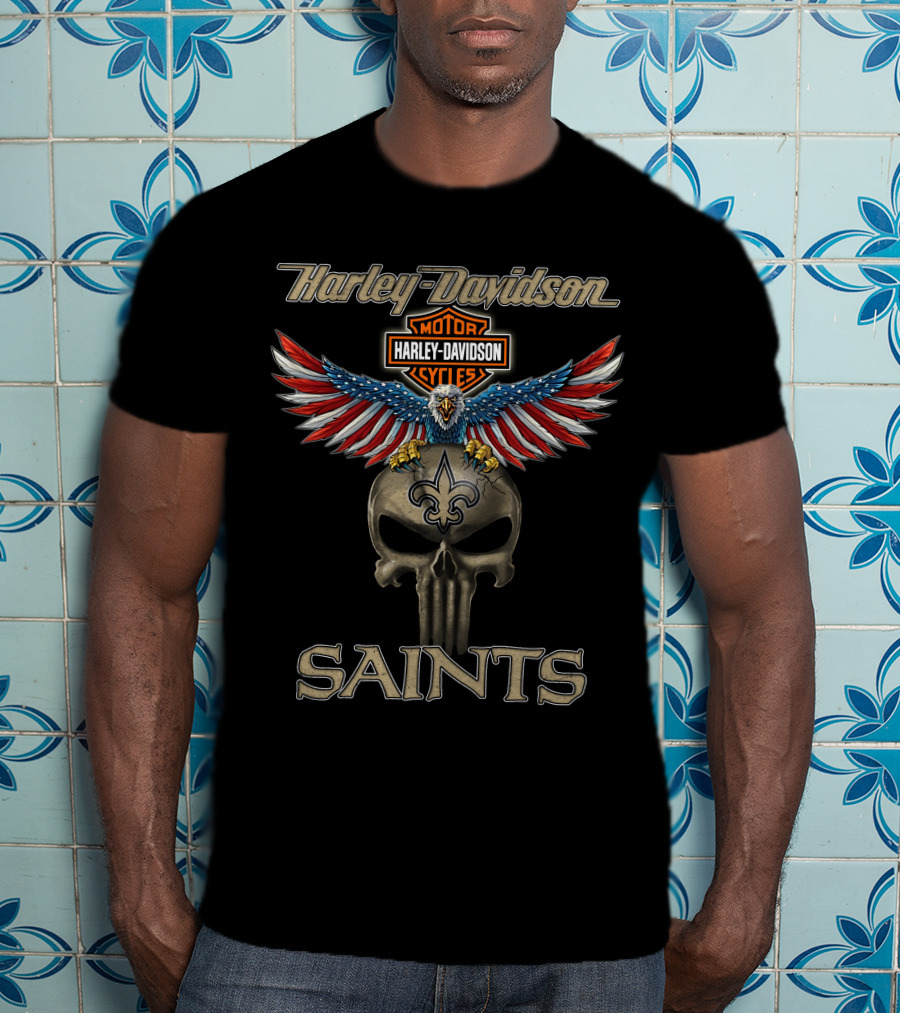 Harley Davidson Motor Cycles Eagle Skull Fleur-De-Lis Saints T-Shirt