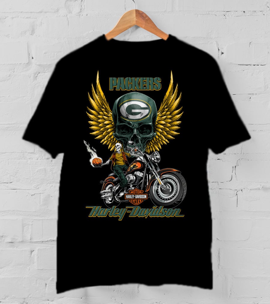Packers Harley Davidson Motorcycles Green Bay Nfl Skull Winged T-Shirt