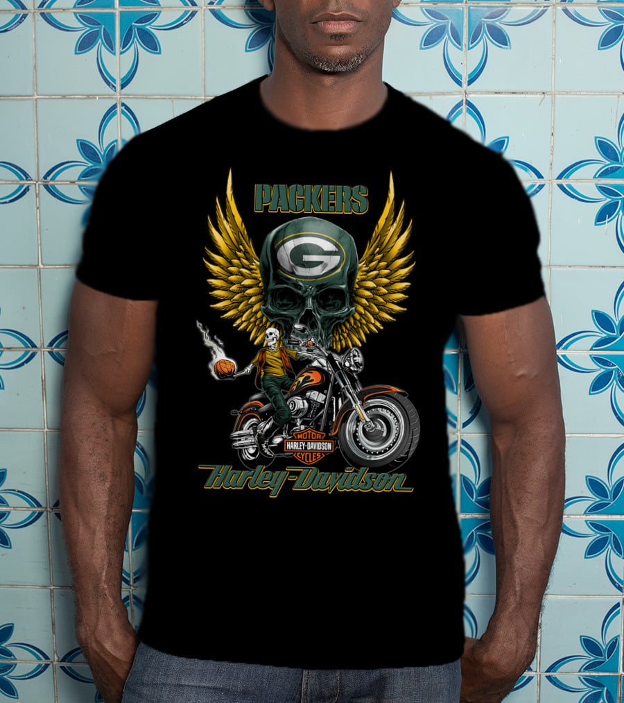 Packers Harley Davidson Motorcycles Green Bay Nfl Skull Winged T-Shirt