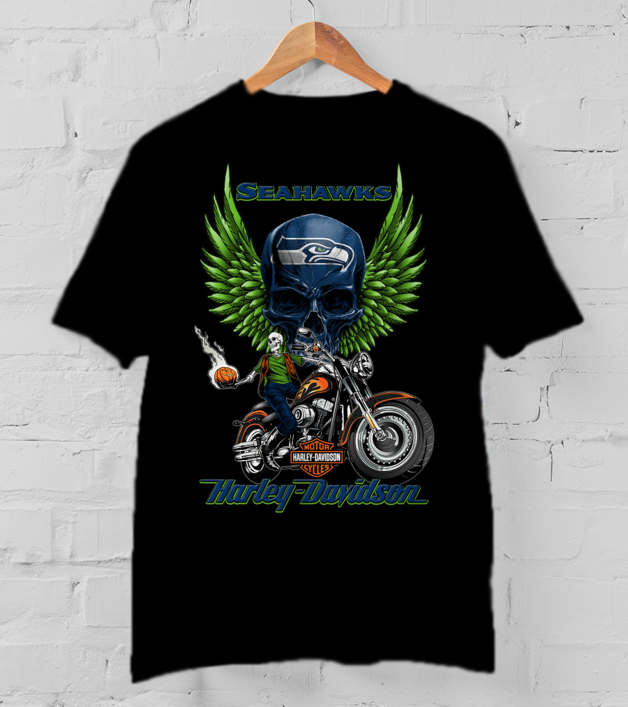 Seahawks Harley Davidson Motorcycles Green Wings Skull Rider Nfl Seattle T-Shirt
