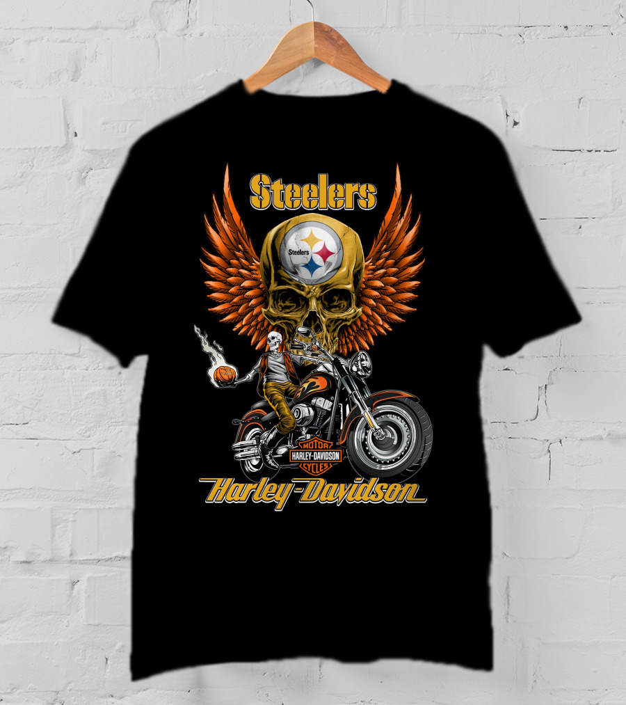 Steelers Harley Davidson Motor Cycles Skull Wings Nfl Pittsburgh T-Shirt