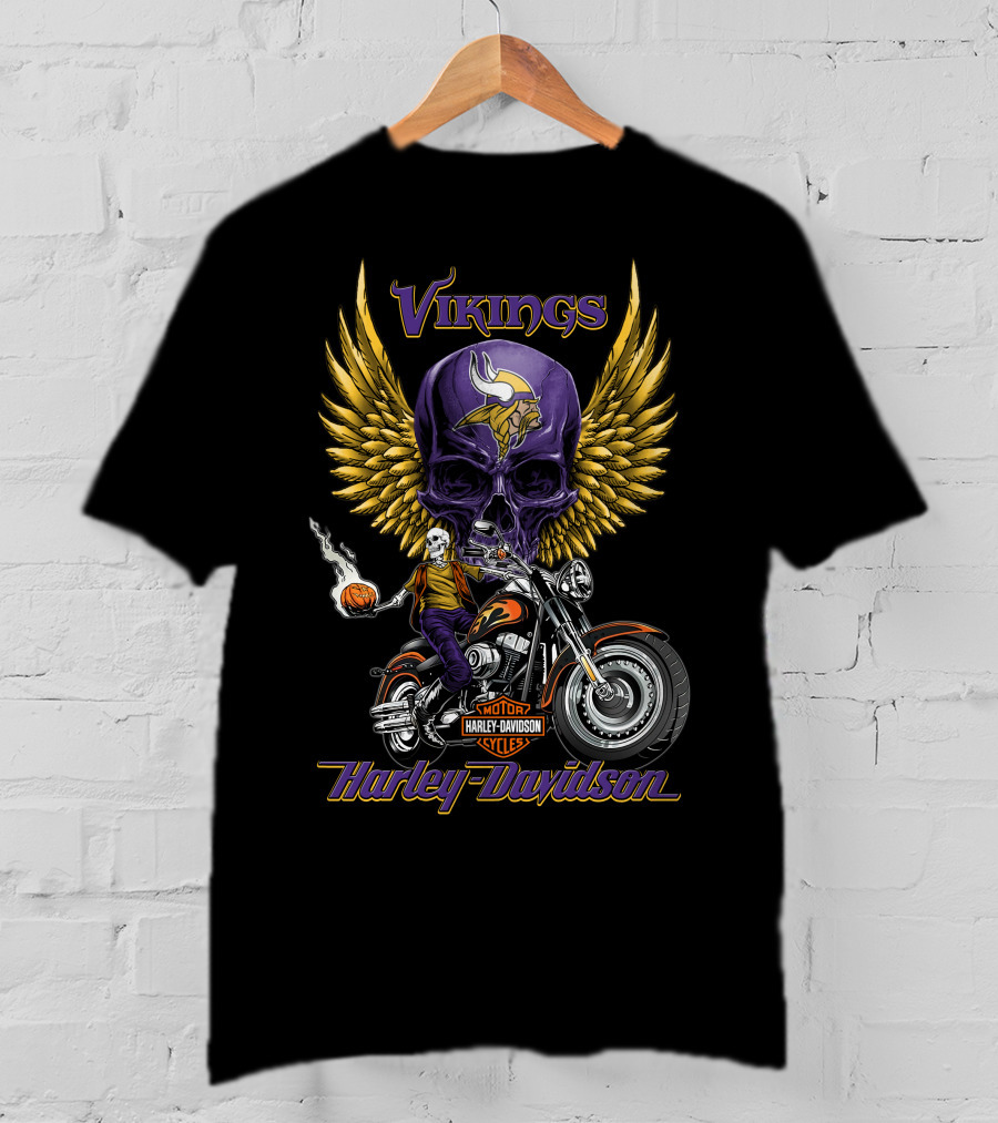 Vikings Harley Davidson Motorcycle Skull And Wings Nfl Minnesota T-Shirt