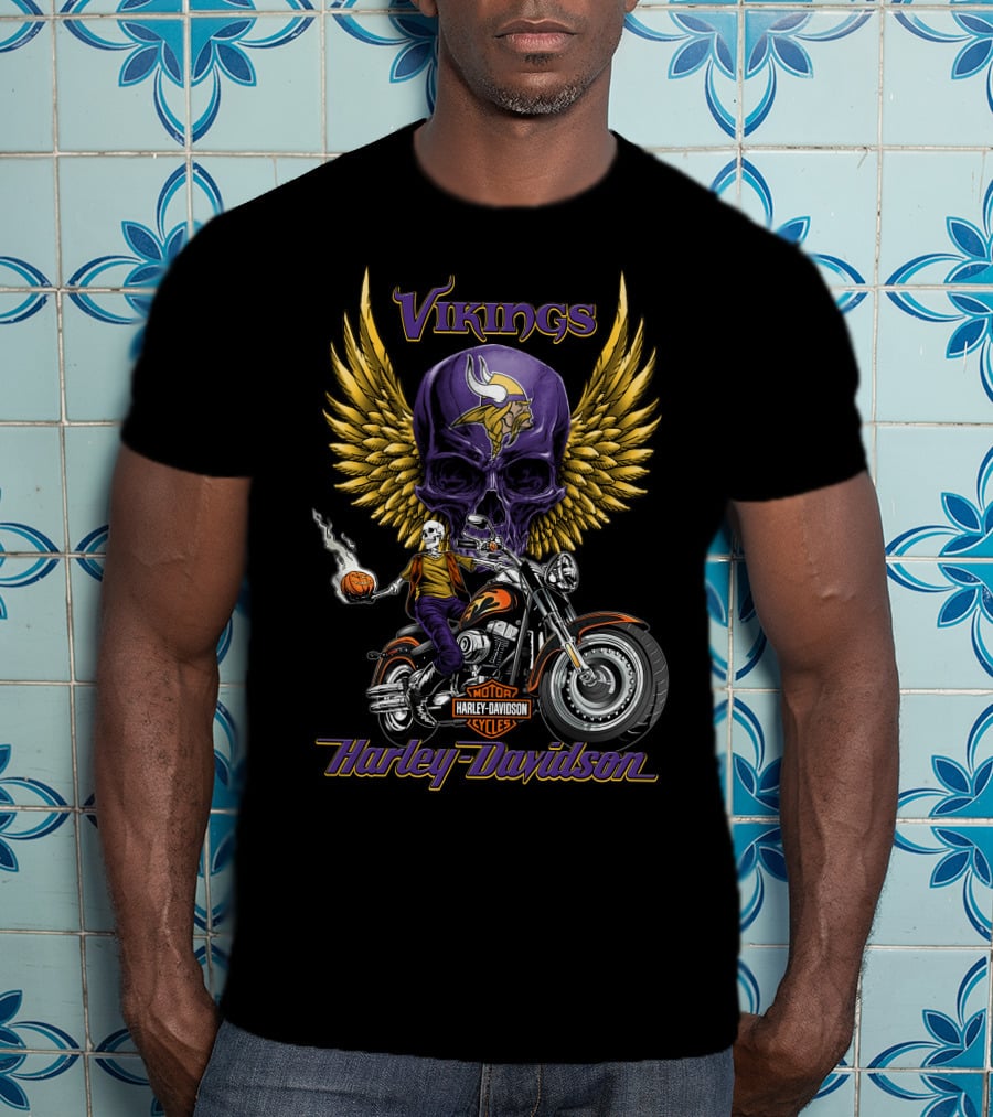 Vikings Harley Davidson Motorcycle Skull And Wings Nfl Minnesota T-Shirt
