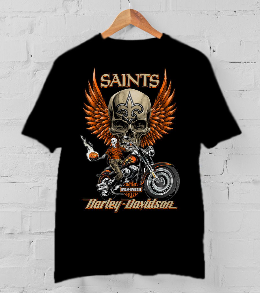 Saints Harley Davidson Motorcycles Nfl New Orleans Skull Wings T-Shirt