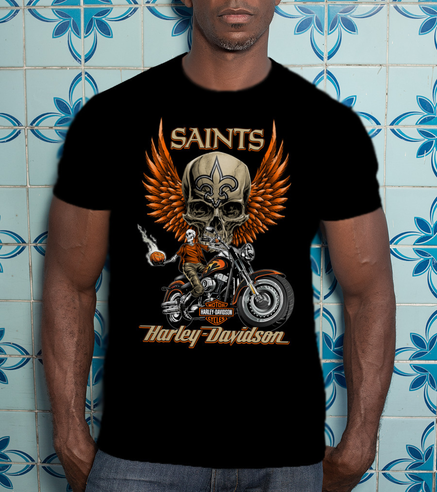 Saints Harley Davidson Motorcycles Nfl New Orleans Skull Wings T-Shirt