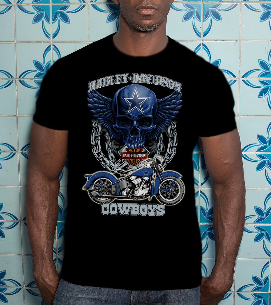 Harley Davidson Cowboys Nfl Dallas Cowboys Motorcycle Skull T-Shirt