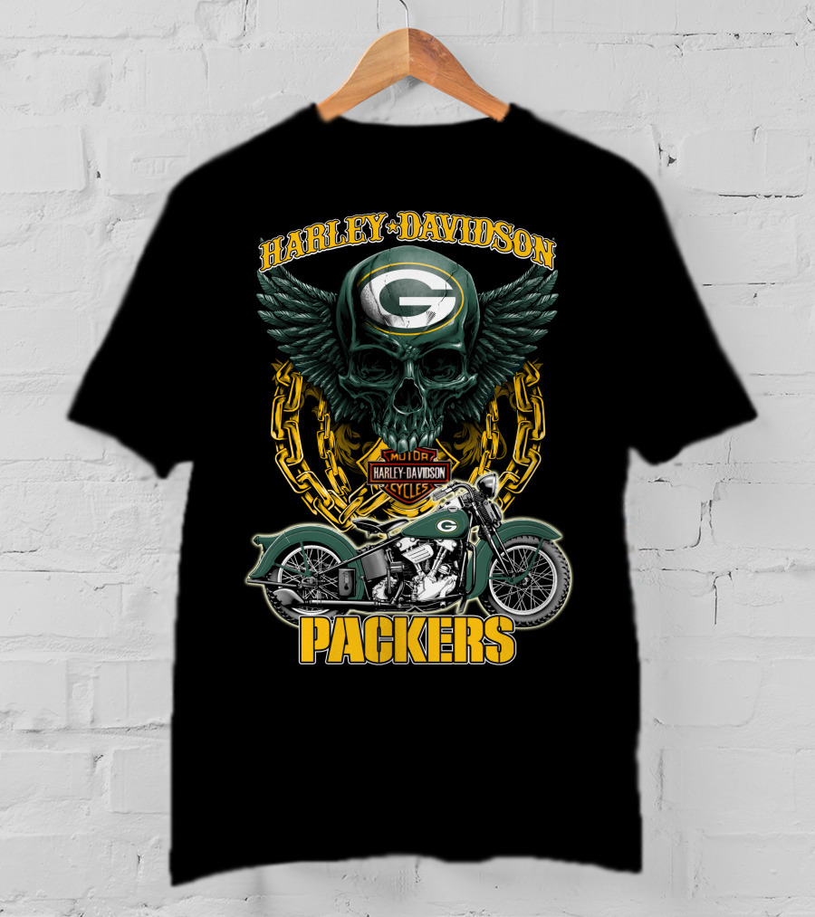 Harley Davidson Green Bay Packers Motorcycle Skull Nfl Packers T-Shirt