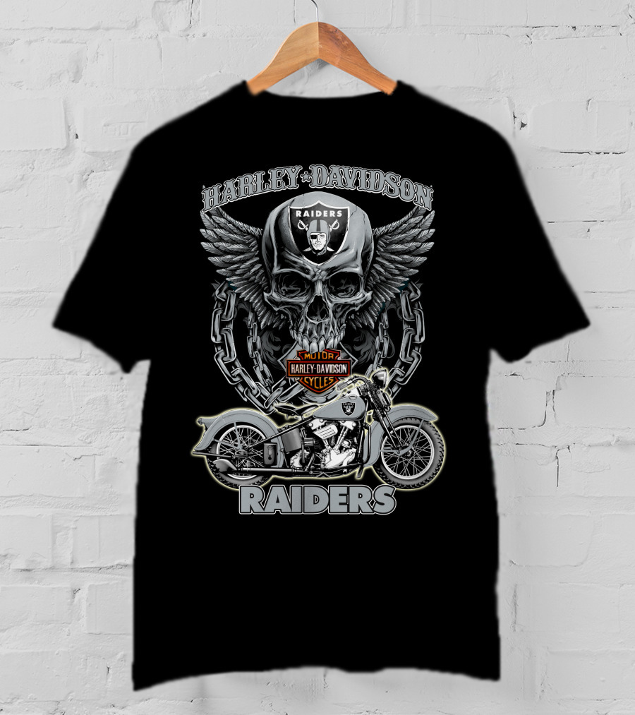 Harley Davidson Raiders Skull And Motorcycle Nfl Las Vegas Raiders T-Shirt