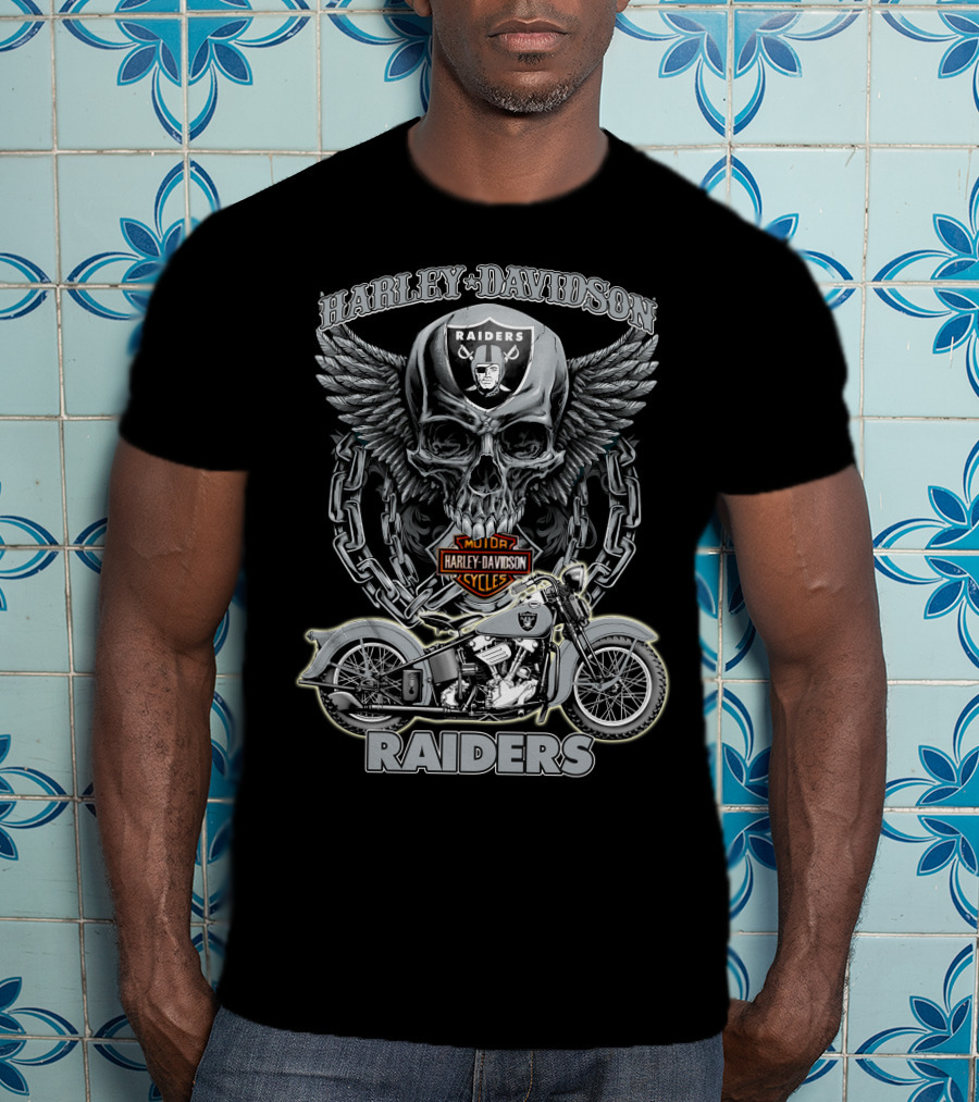 Harley Davidson Raiders Skull And Motorcycle Nfl Las Vegas Raiders T-Shirt