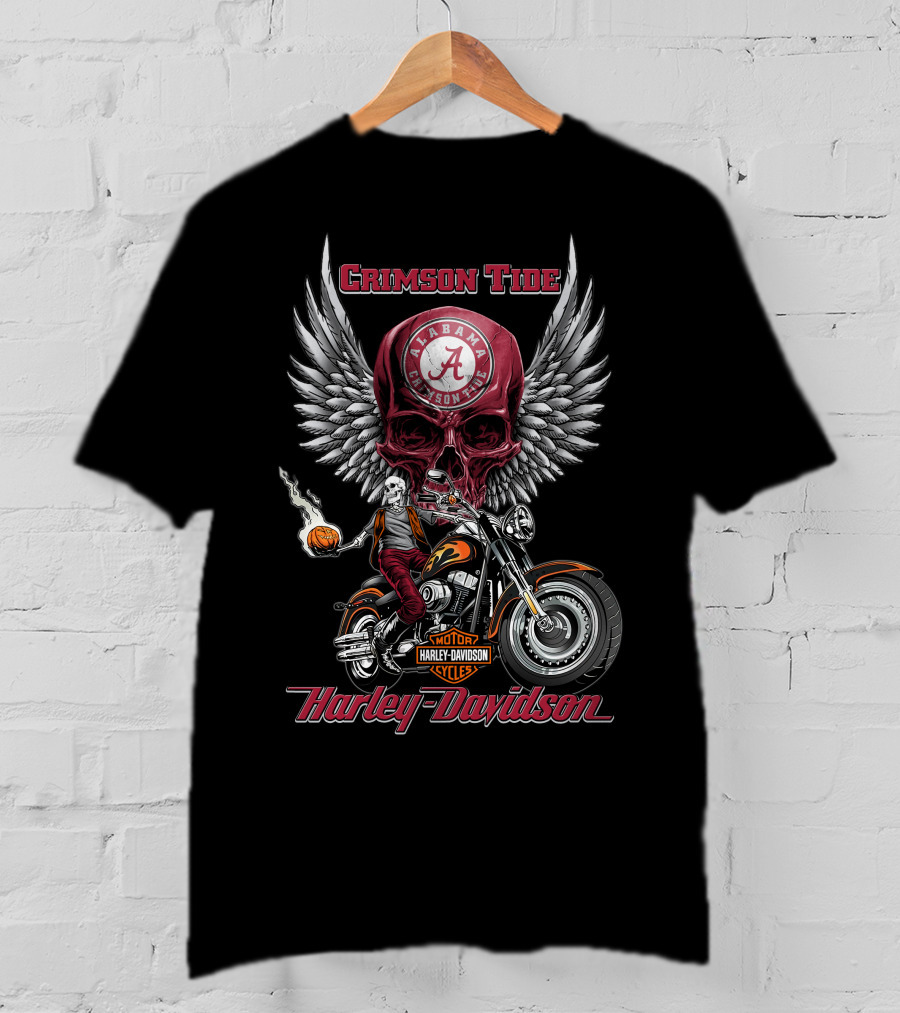 Crimson Tide Alabama Harley Davidson Motorcycles Ncaa Skull Wings T-Shirt