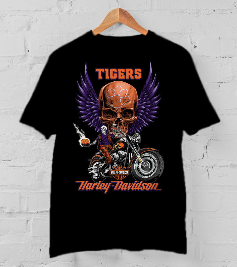 Tigers Harley Davidson Purple Wings Skull Motorcycle Basketball T-Shirt