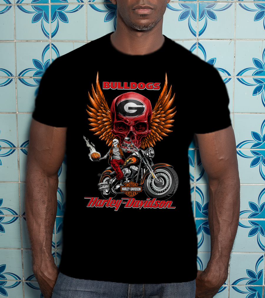 Bulldogs Harley Davidson Georgia Motorcycle Skull Wings T-Shirt