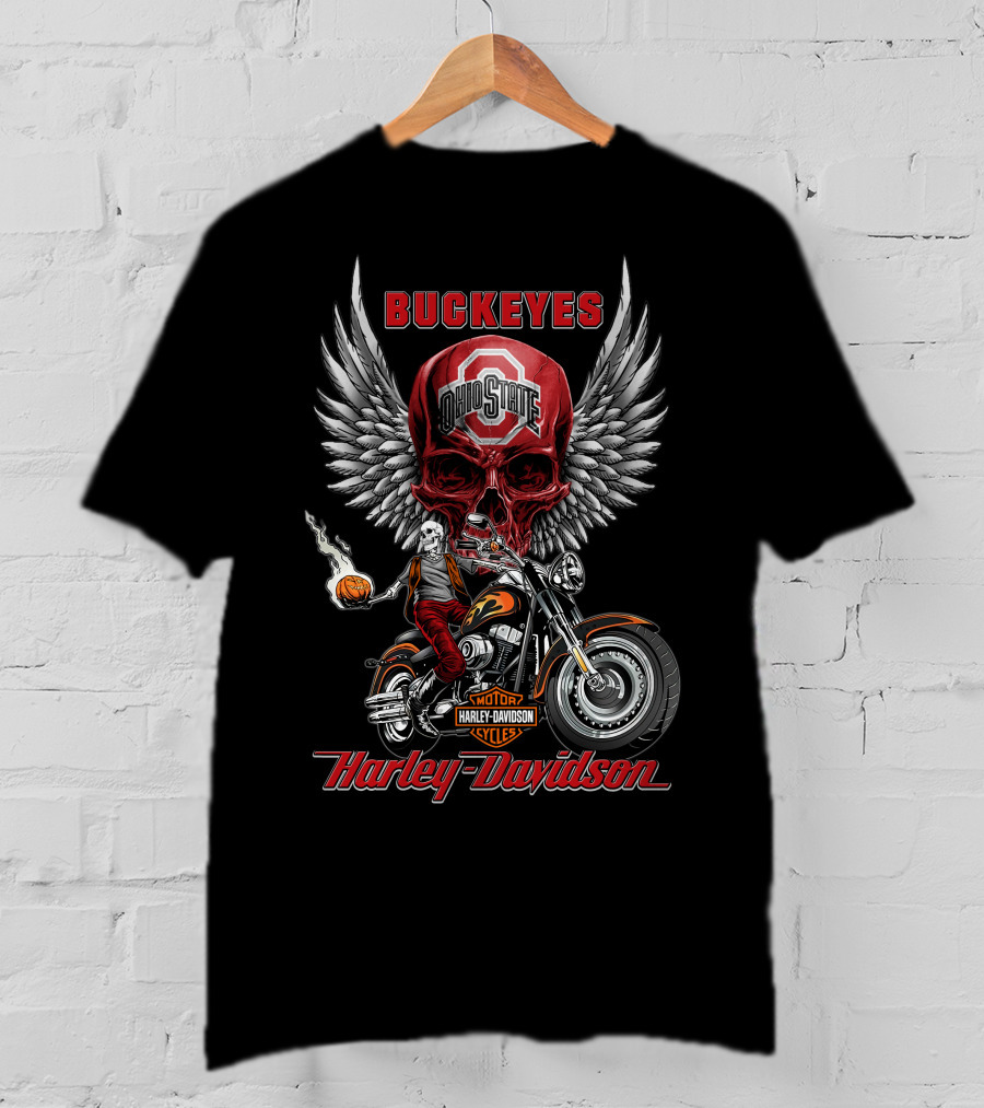 Buckeyes Ohio State Skull Harley Davidson Motor Cycles Wings Basketball T-Shirt