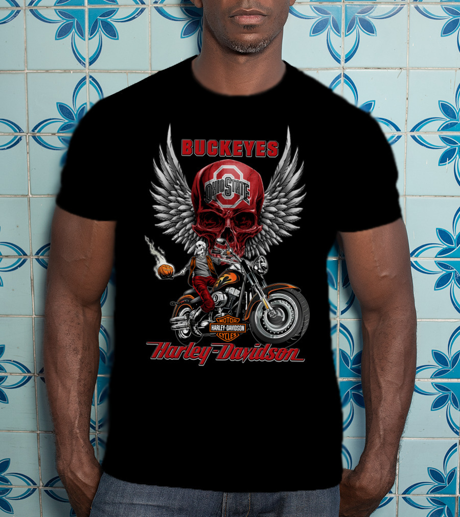 Buckeyes Ohio State Skull Harley Davidson Motor Cycles Wings Basketball T-Shirt