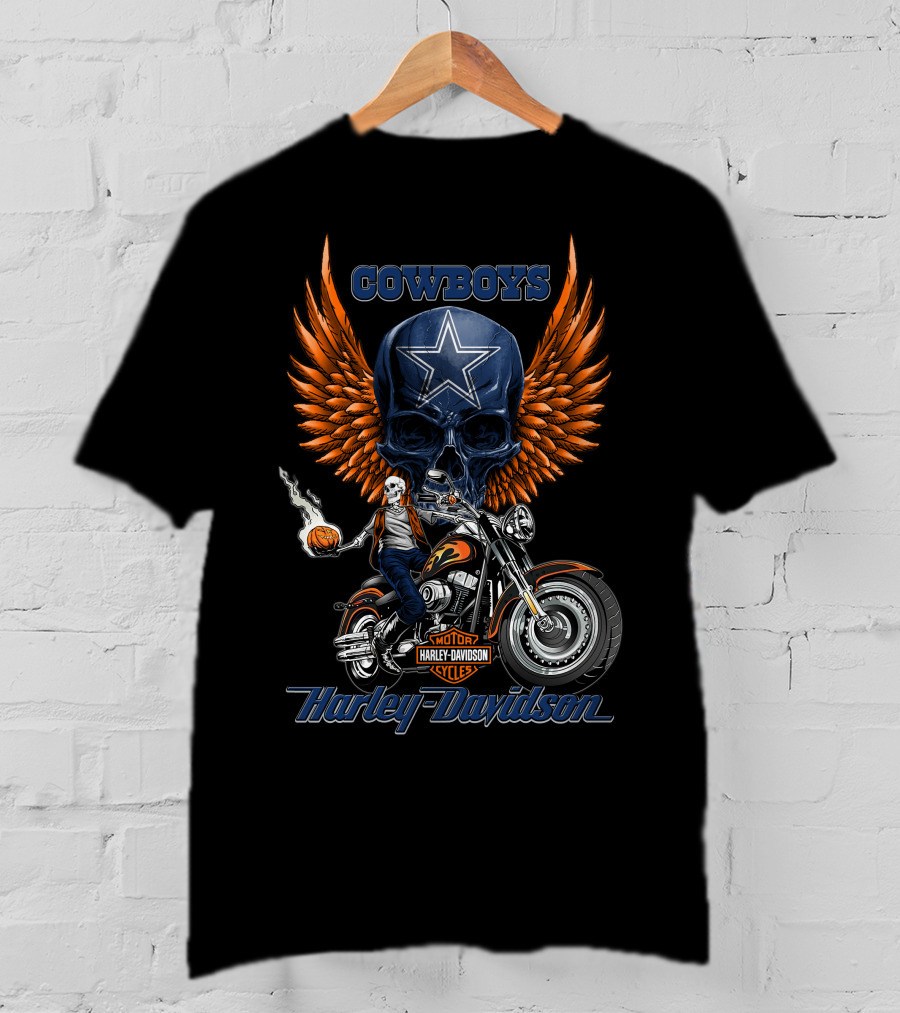 Cowboys Harley Davidson Motor Cycles Skull Star Wings T-Shirt