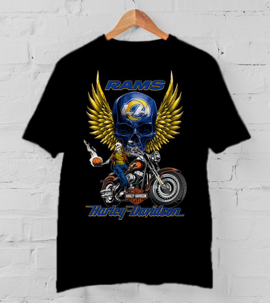 Harley Davidson Rams Skull With Los Angeles Nfl Motorcycle And Flaming Ball T-Shirt