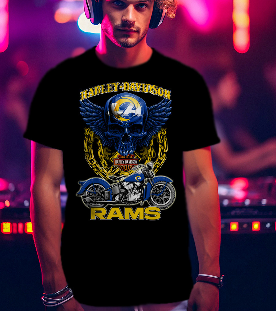 Harley Davidson Los Angeles Rams Nfl Motorcycle Skull T-Shirt