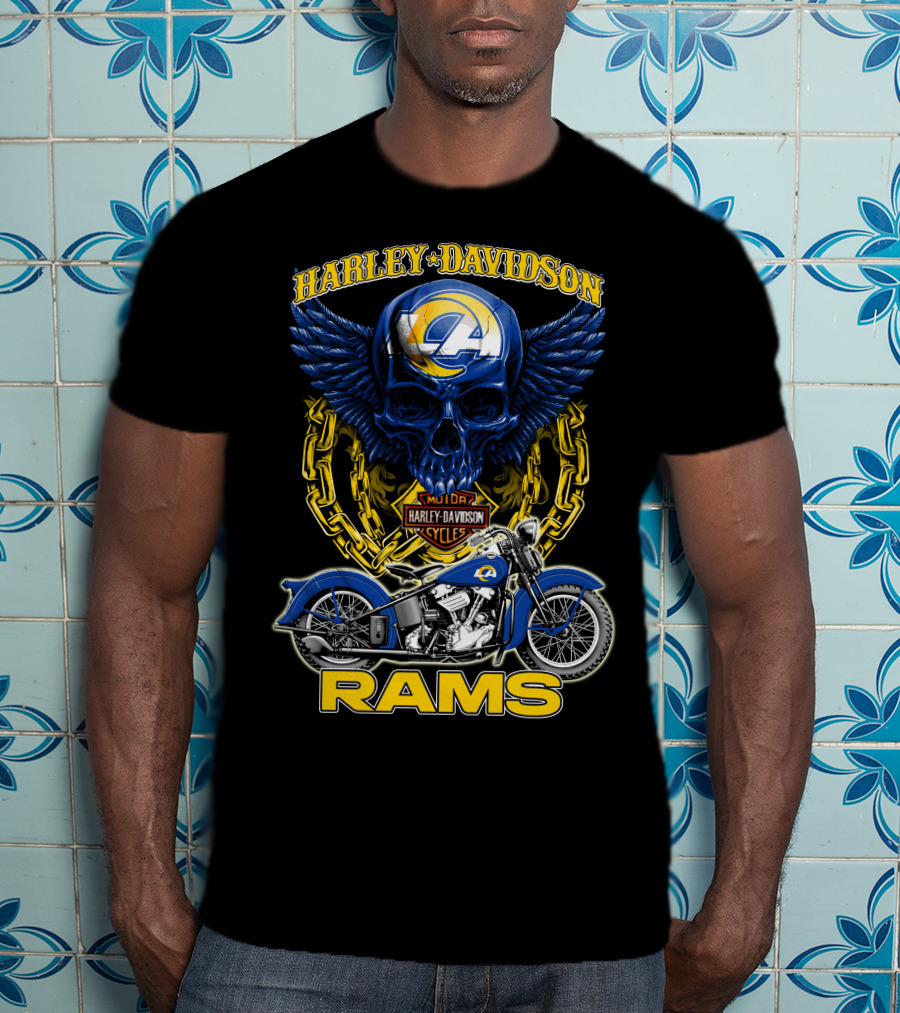 Harley Davidson Los Angeles Rams Nfl Motorcycle Skull T-Shirt