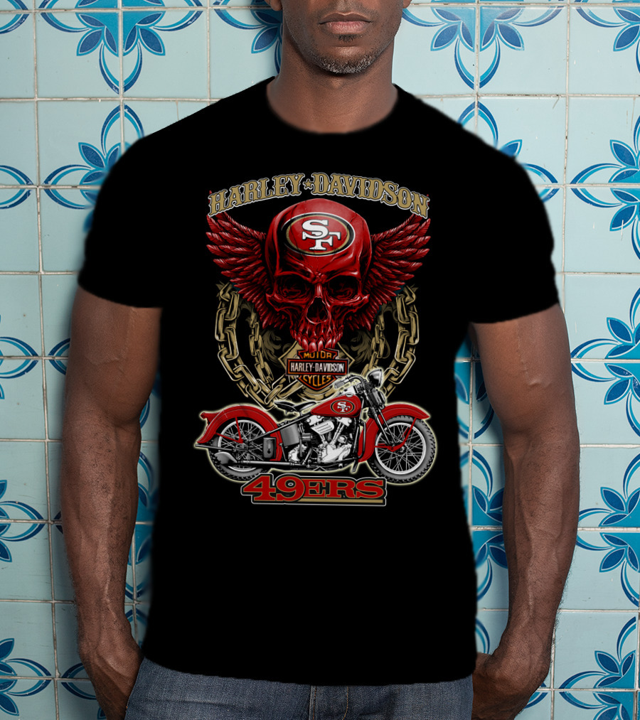 San Francisco 49ers Harley Davidson Motorcycle Skull Design Nfl 49ers T-Shirt
