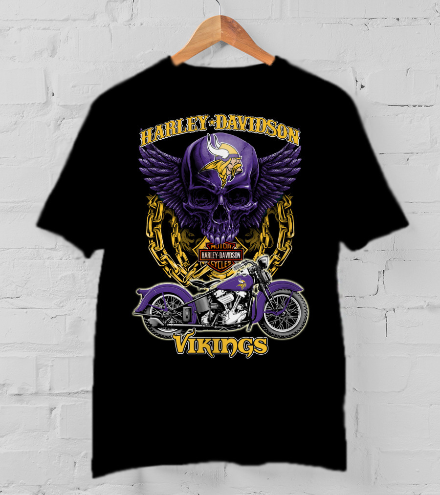 Harley Davidson Minnesota Vikings Nfl Motorcycle Cycles Skull T-Shirt