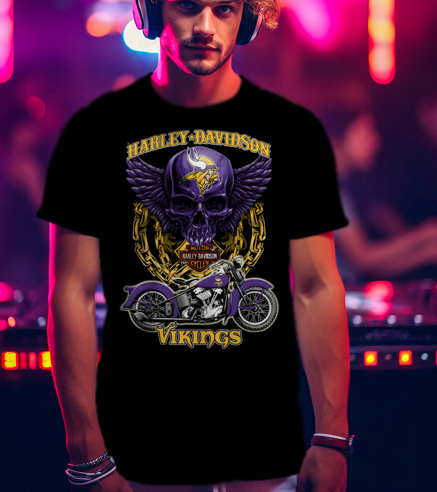 Harley Davidson Minnesota Vikings Nfl Motorcycle Cycles Skull T-Shirt