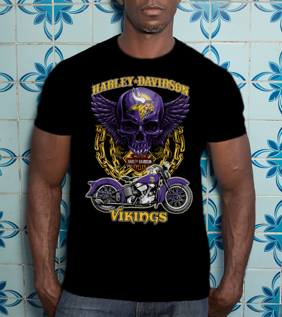 Harley Davidson Minnesota Vikings Nfl Motorcycle Cycles Skull T-Shirt