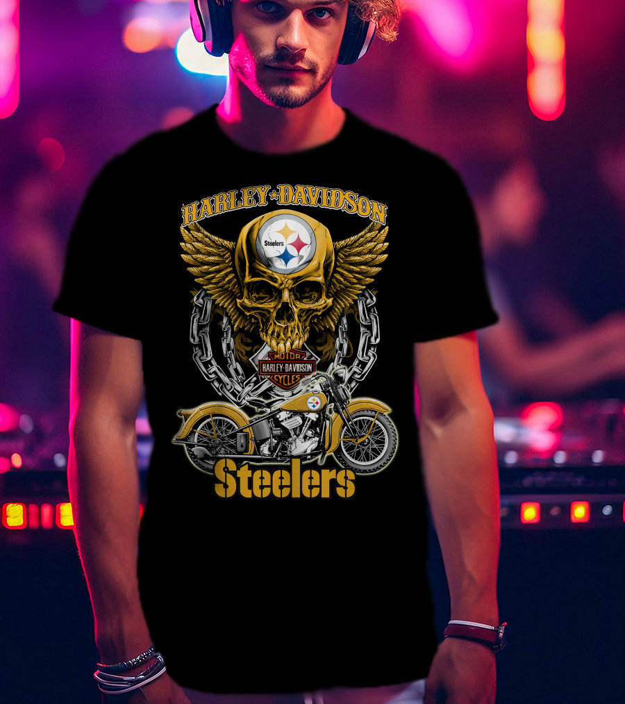 Pittsburgh Steelers Harley Davidson Winged Skull Motorcycle Nfl Hd18 T-Shirt