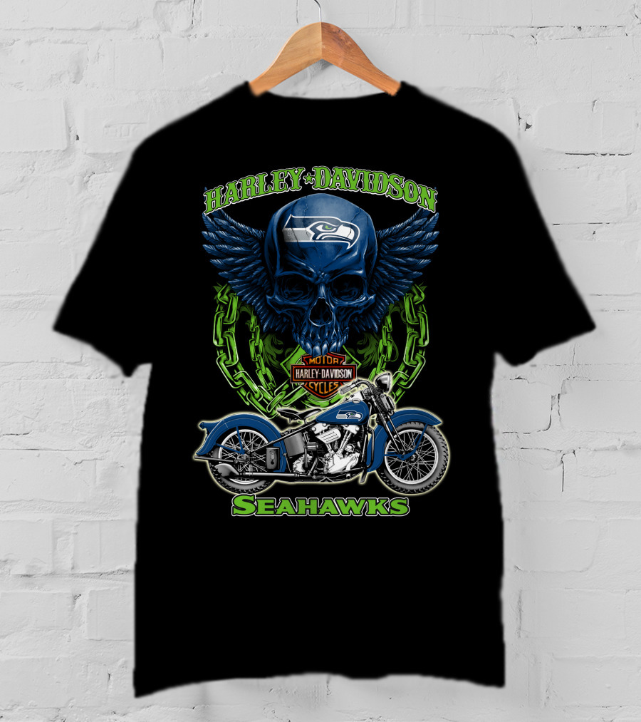 Harley Davidson Motorcycles Skull With Seattle Seahawks Logo And Bike Nfl Hd18 T-Shirt