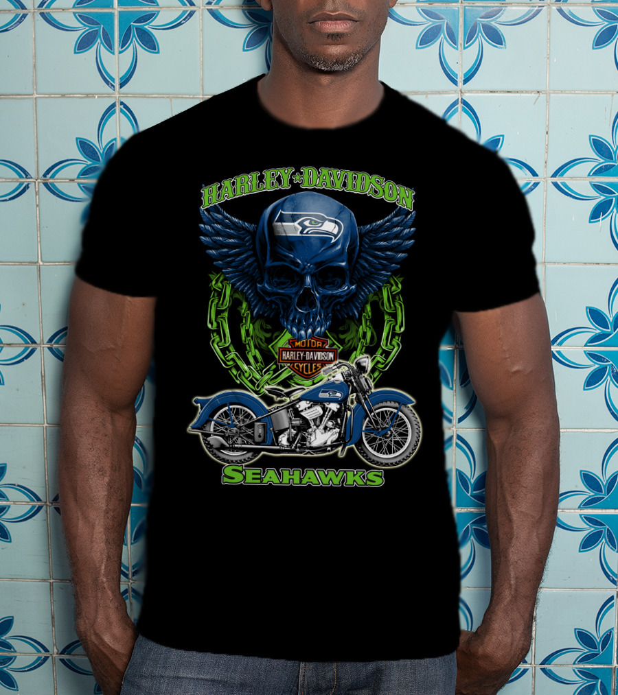 Harley Davidson Motorcycles Skull With Seattle Seahawks Logo And Bike Nfl Hd18 T-Shirt