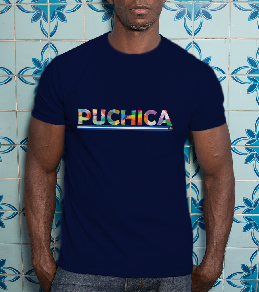 PUCHICA Multicolor Text With Blue And White Stripe T-Shirt