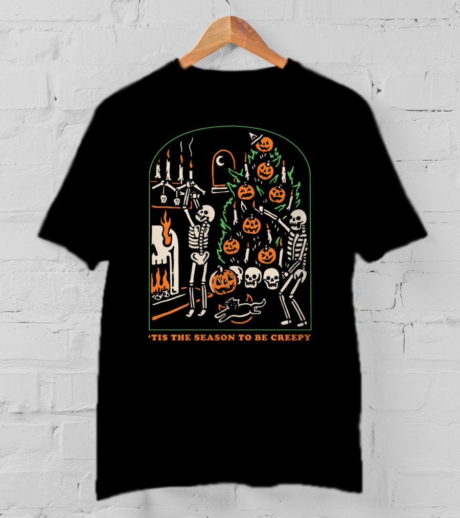 'Tis The Season To Be Creepy Skeletons Decorating With Pumpkins And Skulls T-Shirt