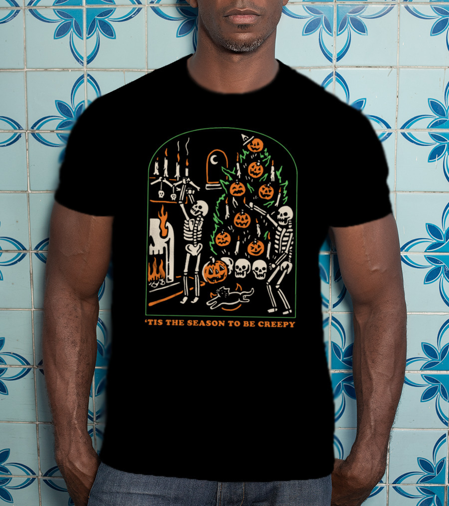 'Tis The Season To Be Creepy Skeletons Decorating With Pumpkins And Skulls T-Shirt