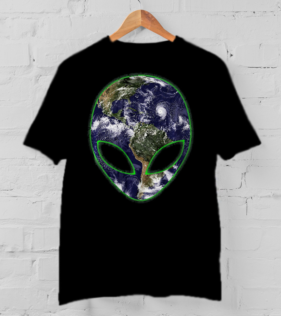 Aliens On Earth Grey Face With Planet T-Shirt