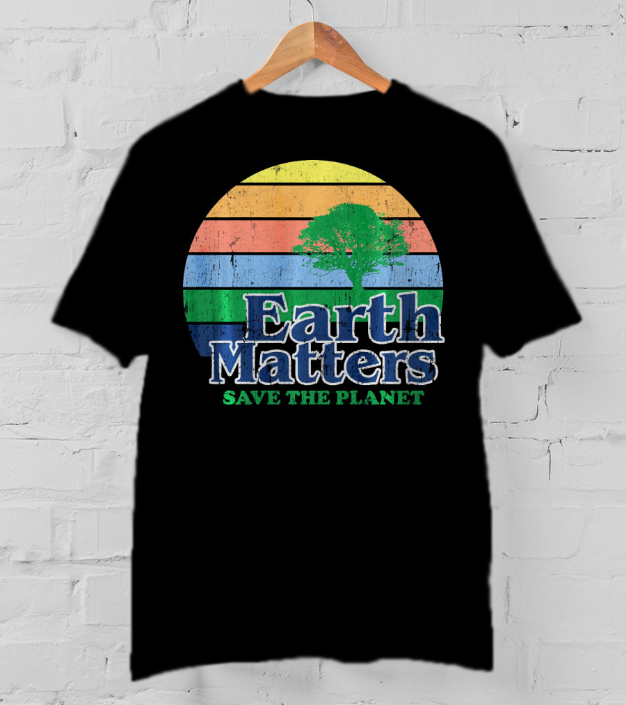 Earth Matters Save The Planet Earth Day Tree Retro Sunburst T-Shirt