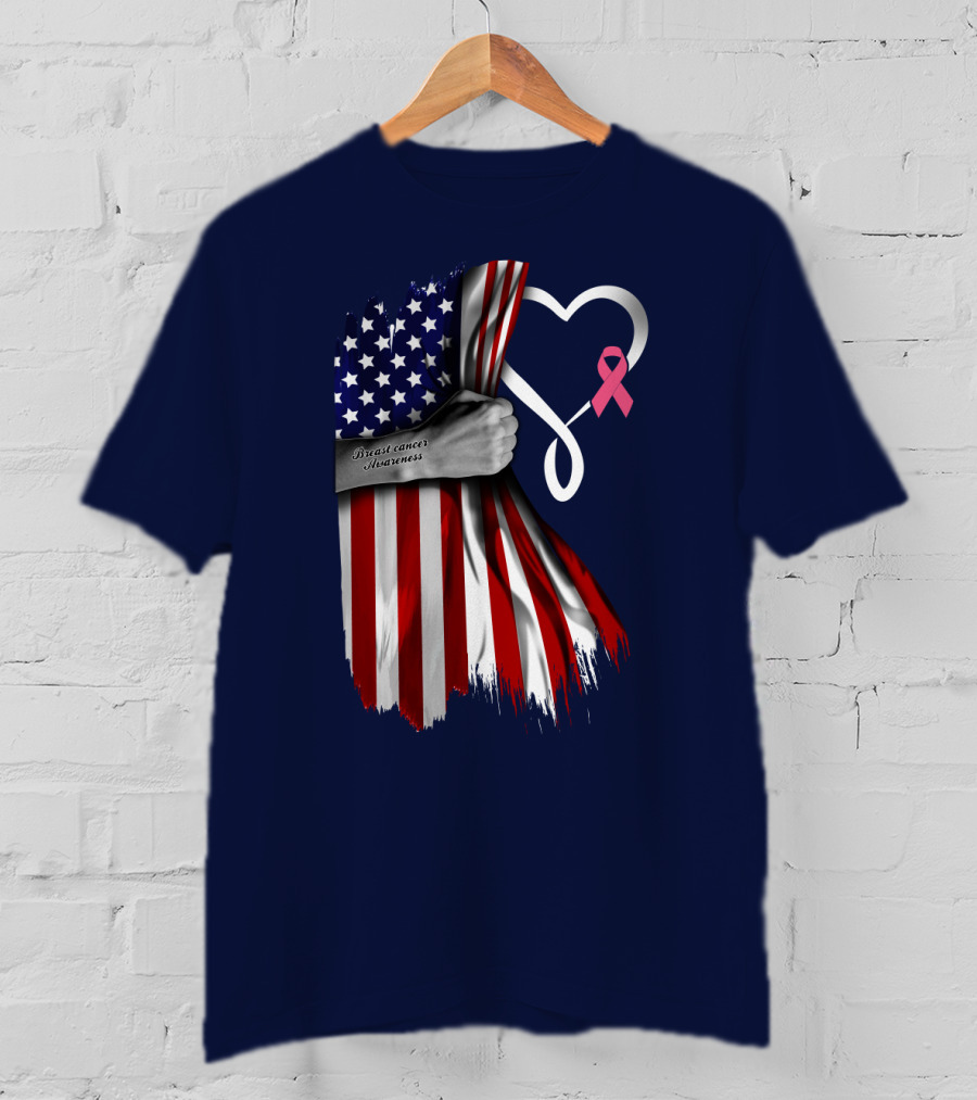 Breast Cancer Awareness American Flag Heart T-Shirt