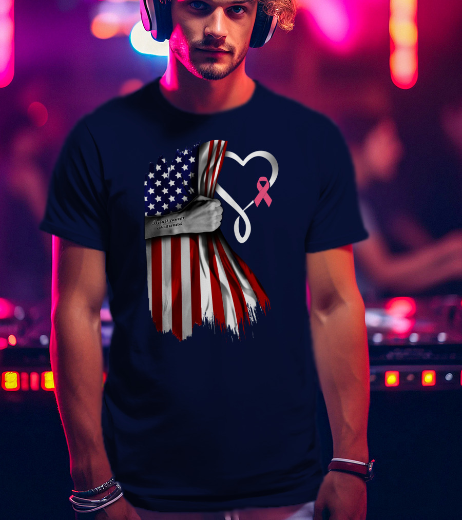 Breast Cancer Awareness American Flag Heart T-Shirt