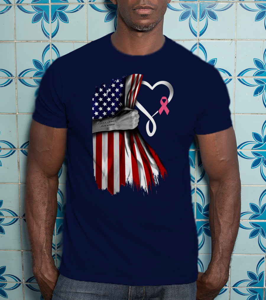 Breast Cancer Awareness American Flag Heart T-Shirt