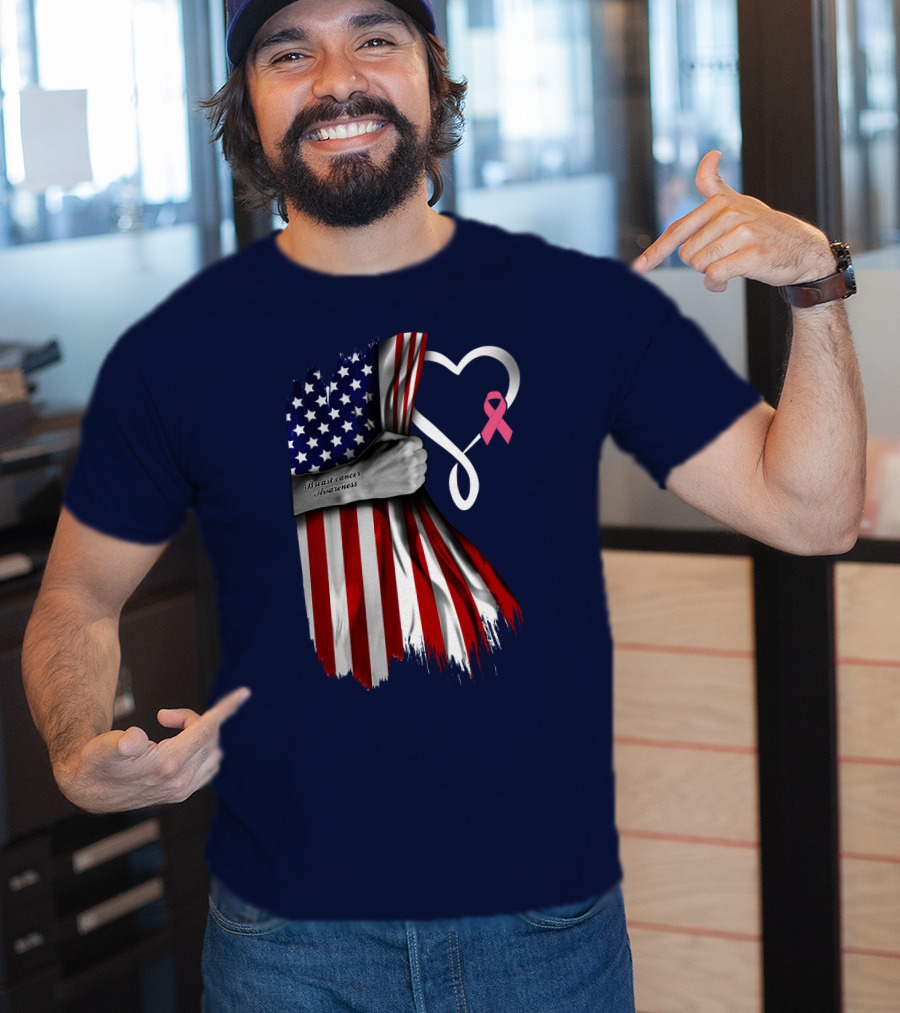 Breast Cancer Awareness American Flag Heart T-Shirt